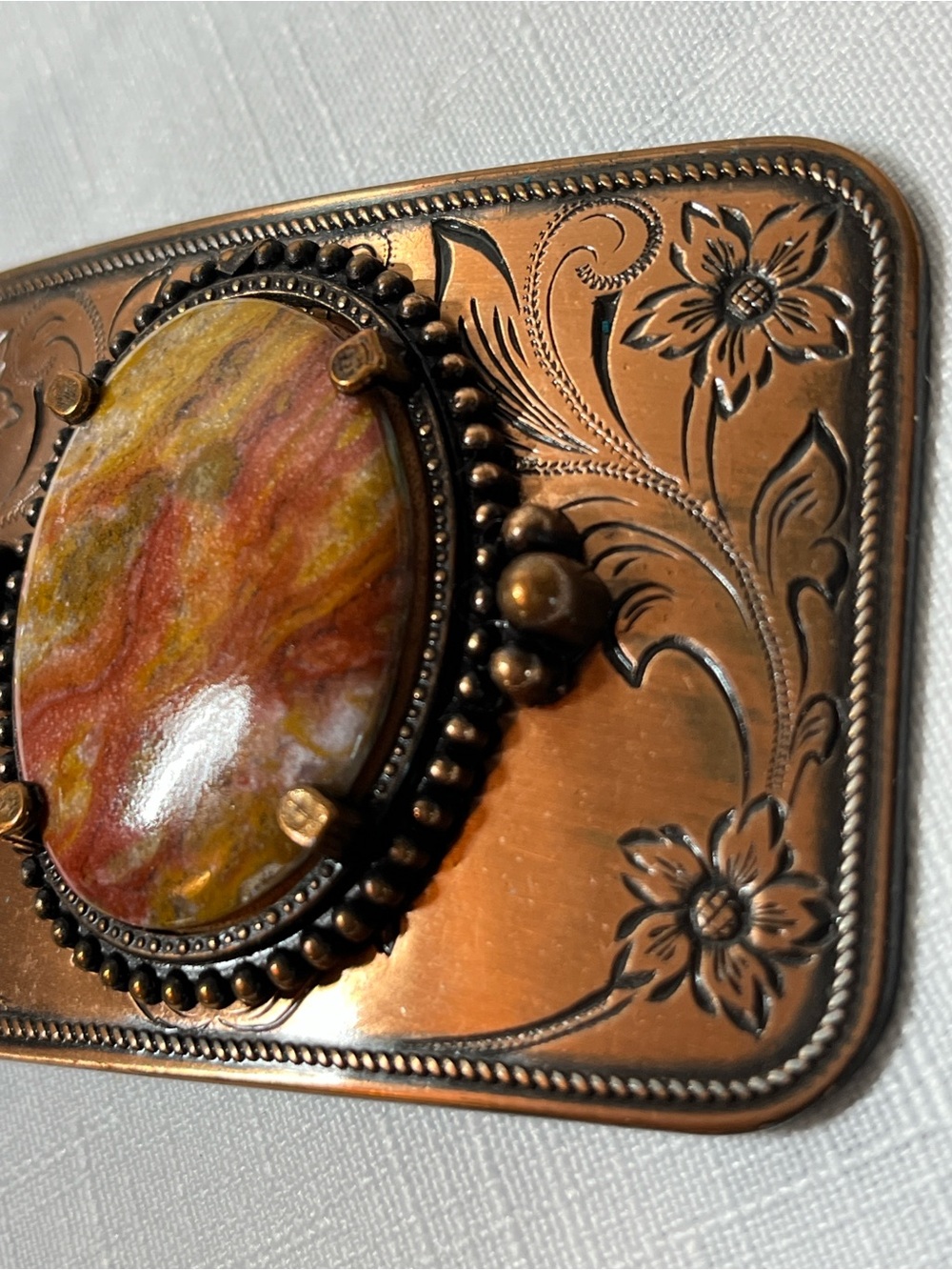 Vintage Copper-Tone Floral Belt Buckle with Marbled Stone - Picture 3 of 8